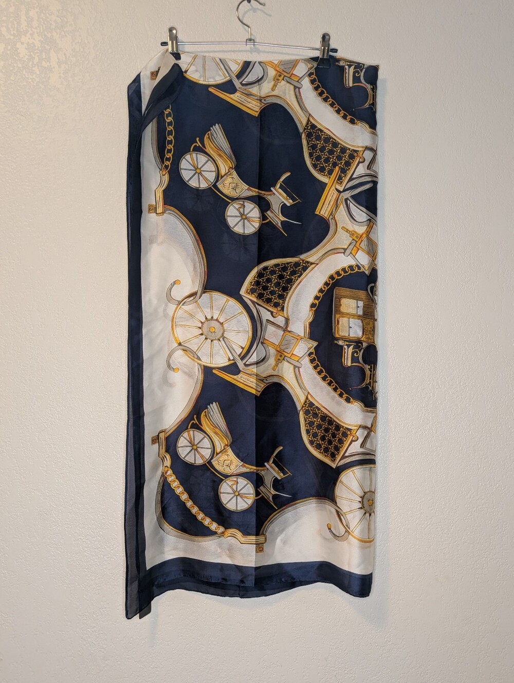 100% Silk Scarf 35"x72" In Navy And White with Gold Equestrian Print - Picture 3 of 9